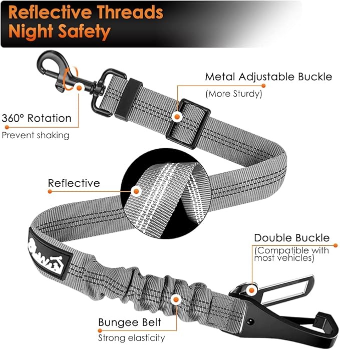 SlowTon 2 Pack Dog Seat Belt, 2 in 1 Attachment, Hook Latch Bar or Seatbelt Buckle with Elastic Nylon Bungee Buffer Adjustable Reflective Nylon Safety Belt Tether Connect to Dog Harness (2pack-GY)