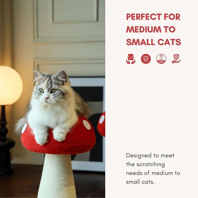 Mushroom Cat Scratching Post - Unique Design, Sisal-Wrapped, Ideal for Medium and Small Cat, Cat Scratcher Cute with 100% Sisal Covered Scratching Post, Mushroom Cat Post for Indoor Cats