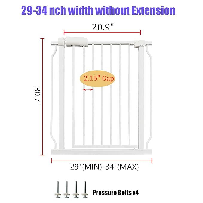 Walk Through Baby & Dog Gate 29-34 Inch, Pressure Mounted No Drilling, Indoor Safety Gate for Stairs & Doorways, Metal Design for Kids and Pets, White