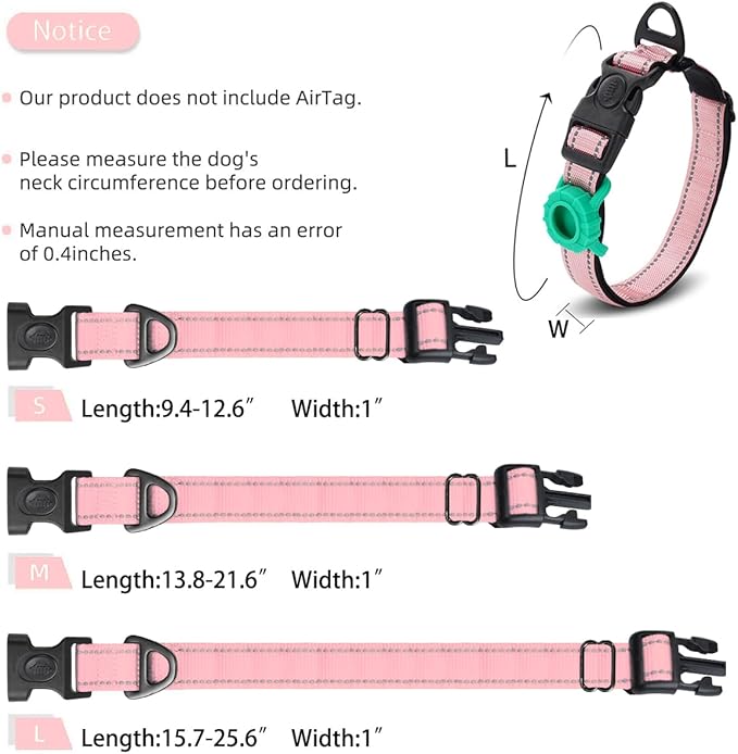 JSXD AirTag Dog Collar, Night Reflective Nylon Dog Collar for Small Medium Large Dogs,Lockable Quick Release Buckle,Padded Breathable Pet Collar with AirTag Holder (Pink, Medium)