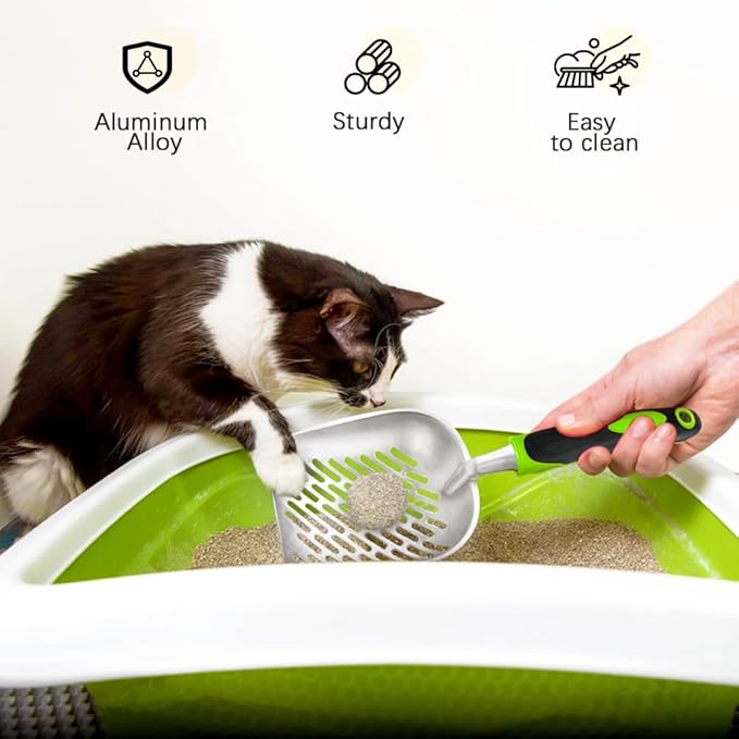 Cat Litter Scoop-Metal Cat Scooper-Long Handle Scoop,Cat Scooper-Poop Sifting-Mesh Shovel-Suitable for Cat Litter Box(Green)