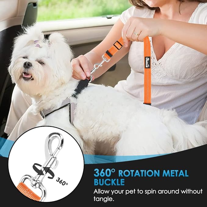 SlowTon Dog Seat Belt for Car, 2 Pack Dog Car Harness Seatbelt Adjustable with Elastic Bungee Buffer, 2 in 1 Pet Car Leash Headrest Restraint Dog Reflective Safety Tether (Orange, Headrest+Clip)