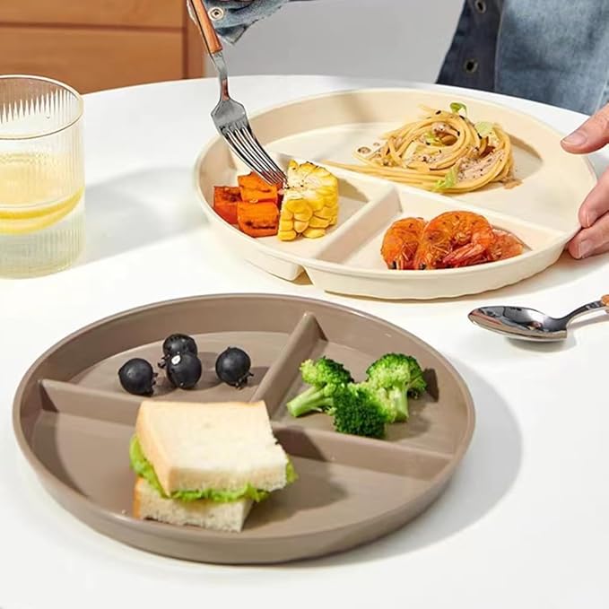 9" Unbreakable Divided Plates Set of 5, Wheat Straw Plate Reusable Dinnerware Portion Control Plate, Round Bariatric Plastic Plate for Kids Adults, BPA-free, Dishwasher Safe