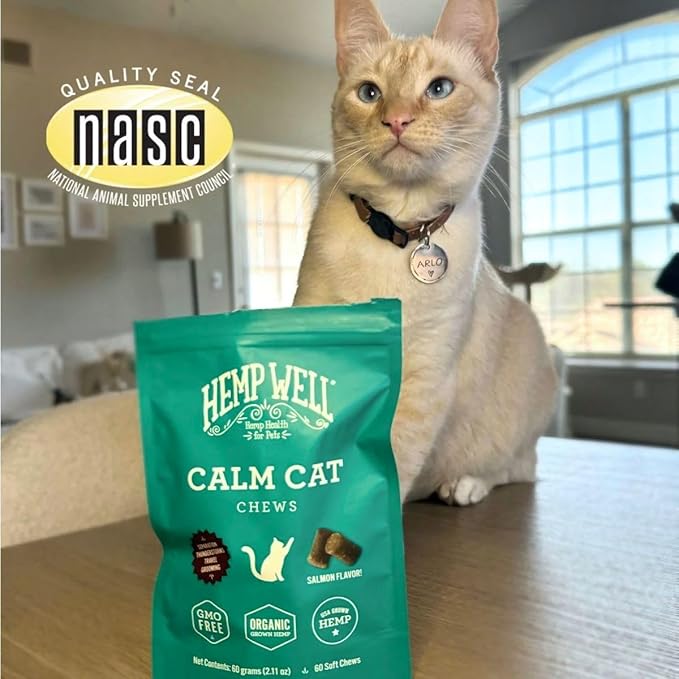 Hemp Well Calm Cat Soft Chews - Anxiety & Stress Relief Formula, Organic Ingredients, Soothes & Relaxes, Improves Behavior, 60 Count