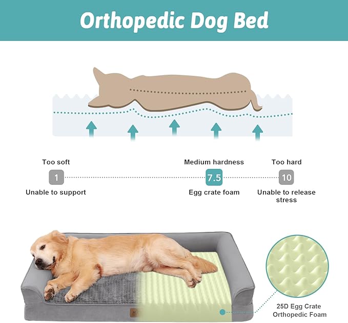 Orthopedic Dog Beds for Medium Size Dog, Pet Couch for Dog Cat, Supportive Foam Bolster Sofa with Waterproof Lining Cover, Anti-Slip, Comfort, Washable, 30x20x7.5 in, U Shape, Grey