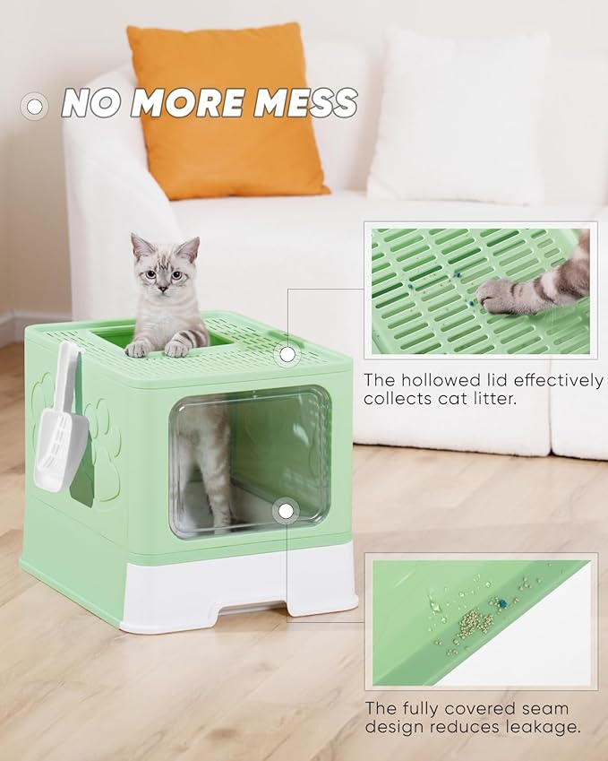 Enclosed Cat Litter Box, Large Litter Box for Big Cats, Covered Kitty Litter Boxes with Lid, Top Entry Cat Box Enclosure with Scoop, Odor Control, Easy to Clean(Green)