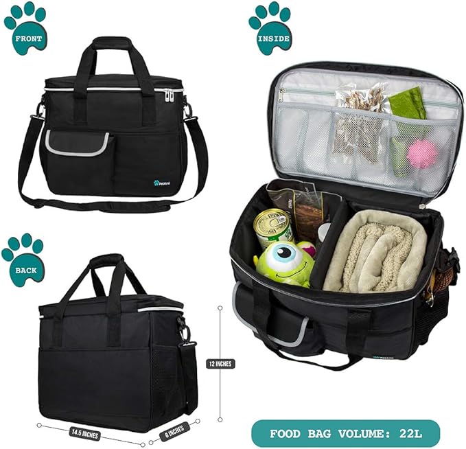 PetAmi Travel Bag Organizer - Dog & Cat Diaper Bag with Food Container, Bowls & Accessories for Weekend Camping