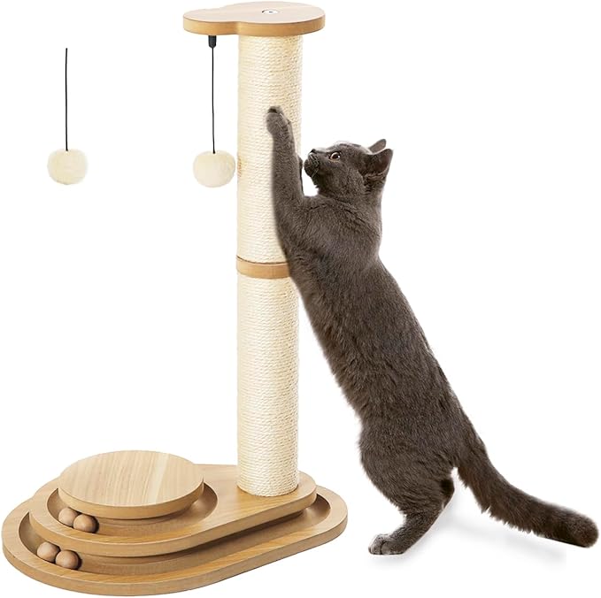 Made4Pets Cat Scratching Post Cat Scratcher Kitten Toys for Indoor Cats Wooden Ball Track Two-Layer Modern Sisal 23.4" Tall Scratch Post Interactive Toy with Dangling Ball Middle Size
