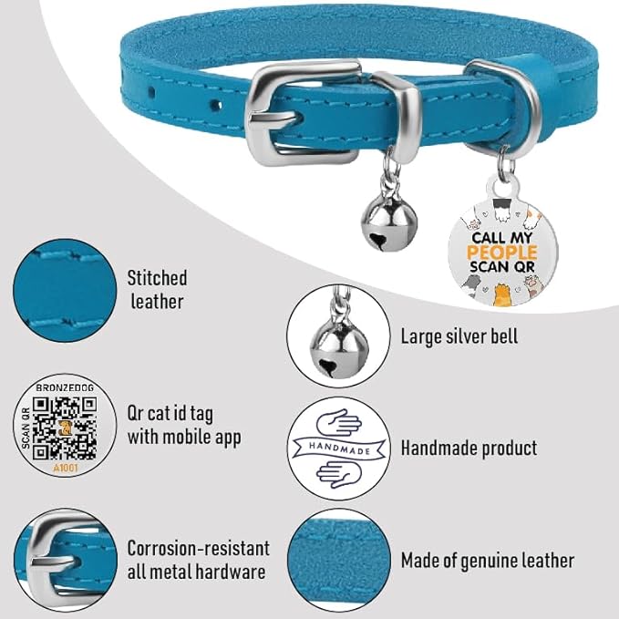 BRONZEDOG Leather Cat Collar with Removable Bells Non Breakaway Kitten QR Tag for Girl Boy (9" - 12" Cats/Mini Dogs, Blue & Silver)