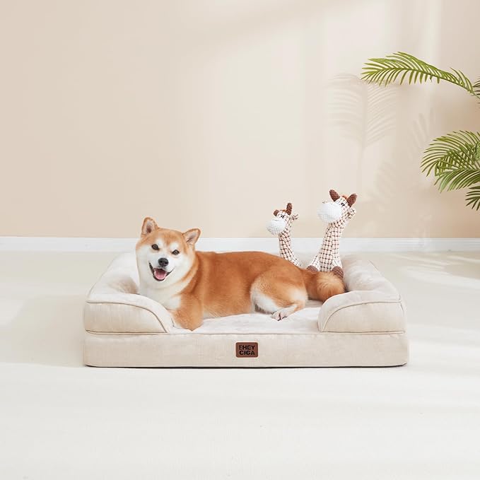 EHEYCIGA Orthopedic Dog Bed for Medium Dogs, Waterproof Memory Foam Medium Dog Beds with Sides, Non-Slip Bottom and Egg-Crate Foam Pet Couch Bed with Washable Removable Cover, Beige