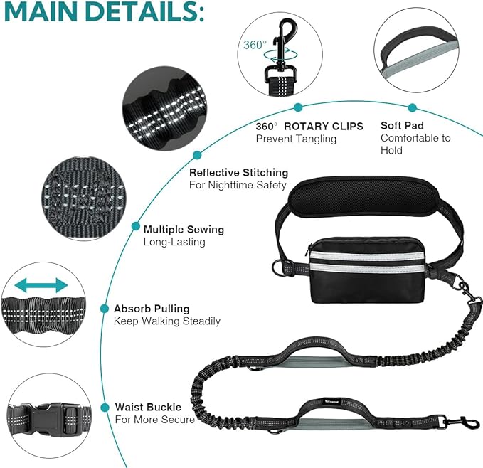 Hands Free Dog Leash with Pouch, Double Leash for Two Dogs, Retractable Dog Leashes with Double Padded Handles, for Running, Walking Accessories