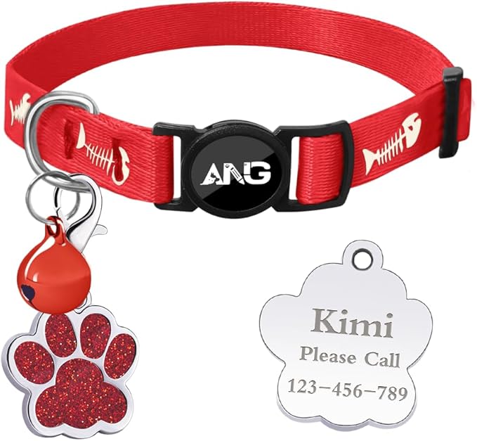 Personalized Breakaway Cat Collars Glow-in-The-Dark with ID Tag, Bell - Safety Quick - Release, Customizable for Female Male Kittens & Cats (Red)