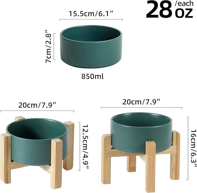 Ceramic Raised Dog and Cat Bowl Set, 2 Heights Elevated Stand, Food and Water Bowl for Small Breed Dogs, Weighted Dog Dishes, Pet Bowl(6.1'',28.7oz, Green)