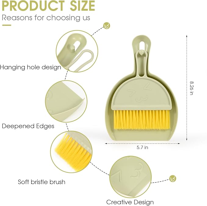Small Broom and Dustpan Set,mini Compact Portable, for Home, Sofas, Kitchen countertops, Storage Shelves, Office desks, bathrooms, and pet Areas (Green)