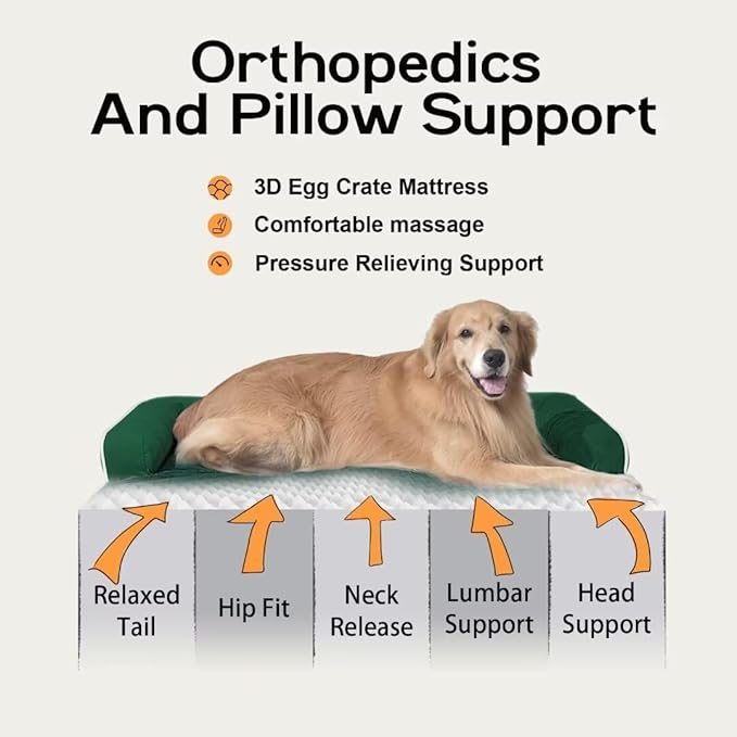 Orthopedic Large Dog Bed Washable, Orthopedic Emerald Dog Beds with Egg Foam Support, Removable, Machine Washable Plush Cover and Non-Slip Bottom for Extra Large Dogs