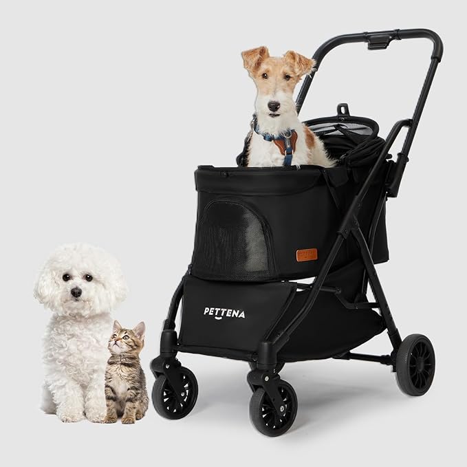 【One-Pull Open Ver.】 PETTENA One-Touch Foldable Dog Stroller for Small Dogs Cats up to 44 Lbs, Cat Stroller for 2 Cats, Large Space, Black