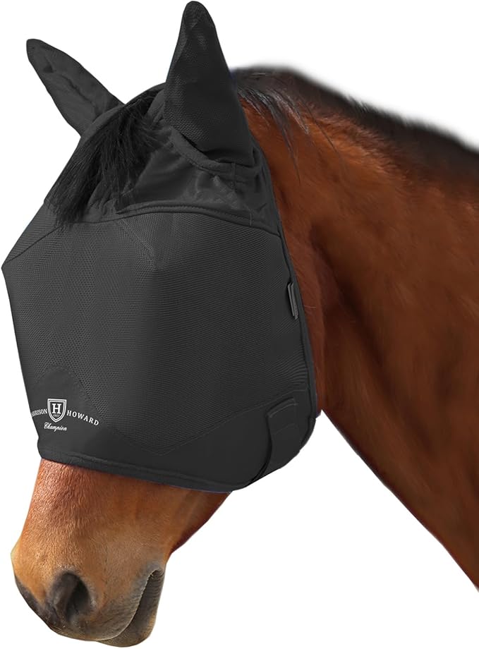 Harrison Howard UV-proof Multi-Function Fabrics Thick Fleece Padding Horse Fly Mask Half Face with Ears Black Warmblood Extra Large