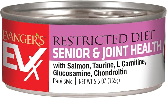 Evanger’s EVX Restricted Diet Senior and Joint Health Canned Cat Food – 24 Count, 5.5 oz Cans Each – Salmon with Taurine, L Carnitine, Glucosamine & Chondroitin – Grain Free Pâté Style
