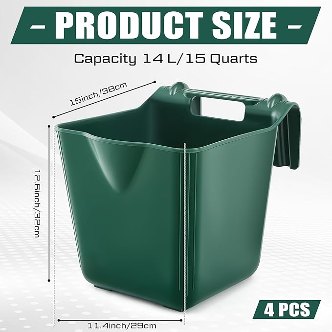 4 Pack 15 Quart Horse Feeders for Stall Hook Over Hanging Fence Hay Feeder Mountable Livestock Plastic Feed Bucket for Farm Stalls Pasture, Stable to Feed Horses Sheep Cattle Cows Etc(Green)
