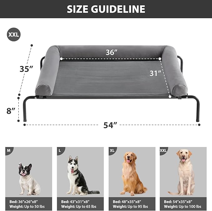 RRPETHOME Large Elevated Cooling Dog Bed, Raised Dog Cot Beds for Large Dogs, Elevated Outdoor Pet Cot, Chew Proof Portable Cooling Pet Cot with Skid-Resistant Feet and Breathable Mesh