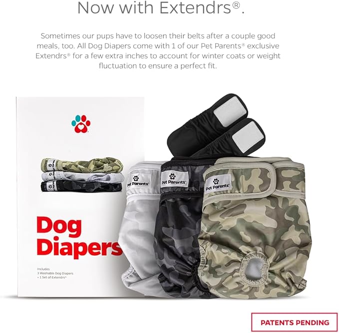 Pet Parents® Washable Dog Diapers (3pack) + Extendrs® of Durable Doggie Diapers, Premium Dog Diapers Female & Male (Medium, Camo)
