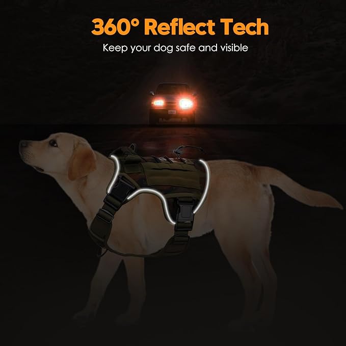 Heavy-Duty Tactical Dog Harness for Large Dogs, No Pull Adjustable Reflective Pet Vest with Molle System, K9 Military-Grade Control for Service Training, Outdoor & 10+ Breeds, Green Camo, X-Large