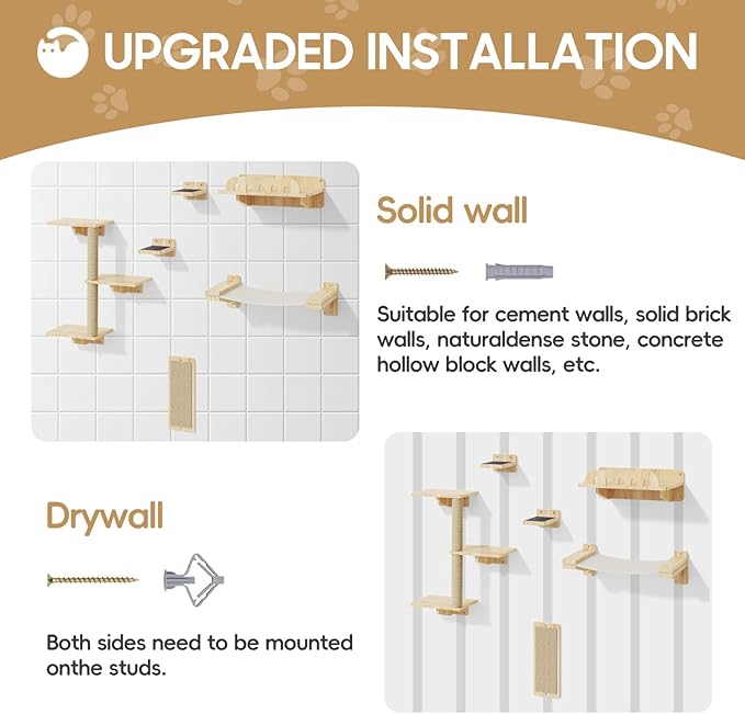 Cat Wall Shelves, Set of 6 Wooden Cat Wall Furniture Includes Scratching Post with 3 Steps, Jumping Platform, Hammock and Scratcher Board for Kittens