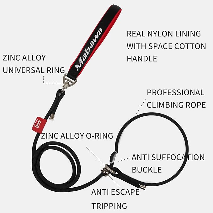 Dog Anti-Slip Leash 5FT with Metal Stopper - Durable No-Pull Training Lead for Small, Medium & Large Dogs - Comfortable Handle Nylon Rope, Tangle-Free Pet Walking Leash (Black, 5 FT)