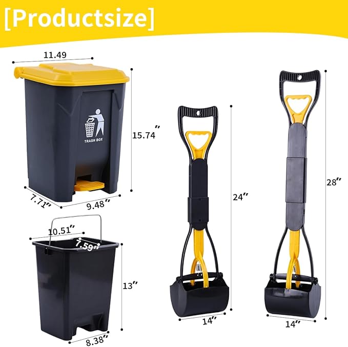 Pooper Scooper 2 Pack with 20 Litre Step Dog Poop Trash Can, 28" Long Handle Dog Poop Scoopers for Large Small Dogs Heavy Duty, Removable Inner Bucket for Outdoors, 50 Waste Bags Included