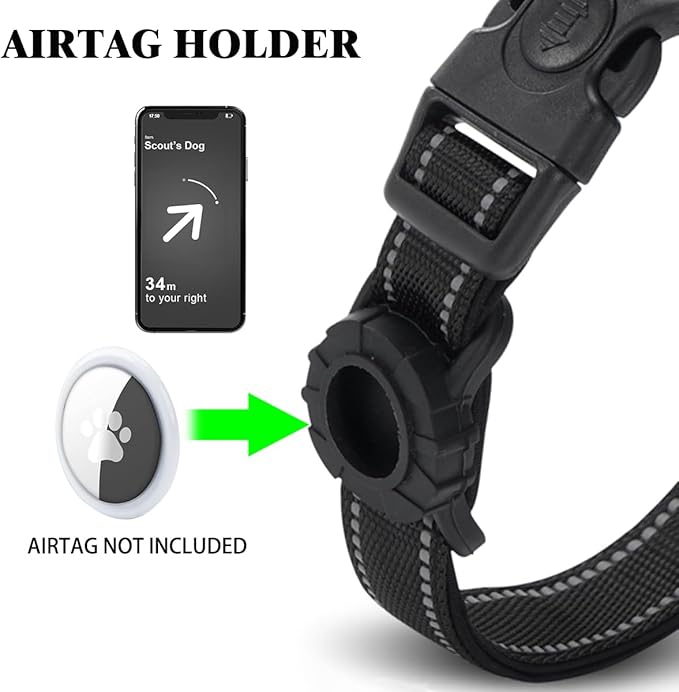 JSXD AirTag Dog Collar, Night Reflective Nylon Dog Collar for Small Medium Large Dogs,Lockable Quick Release Buckle,Padded Breathable Pet Collar with AirTag Holder (Black, Medium)