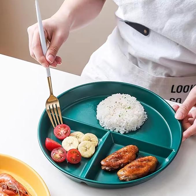9" Unbreakable Divided Plates Set of 5, Wheat Straw Plate Reusable Dinnerware Portion Control Plate, Round Bariatric Plastic Plate for Kids Adults, BPA-free, Dishwasher Safe