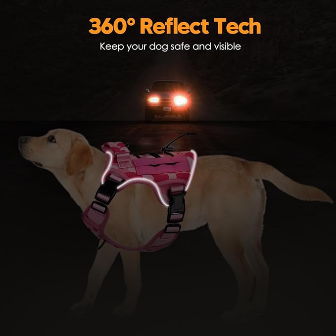 Heavy-Duty Tactical Dog Harness for Large Dogs, No Pull Adjustable Reflective Pet Vest with Molle System, K9 Military-Grade Control for Service Training, Outdoor & 10+ Breeds, Pink Camo, Small