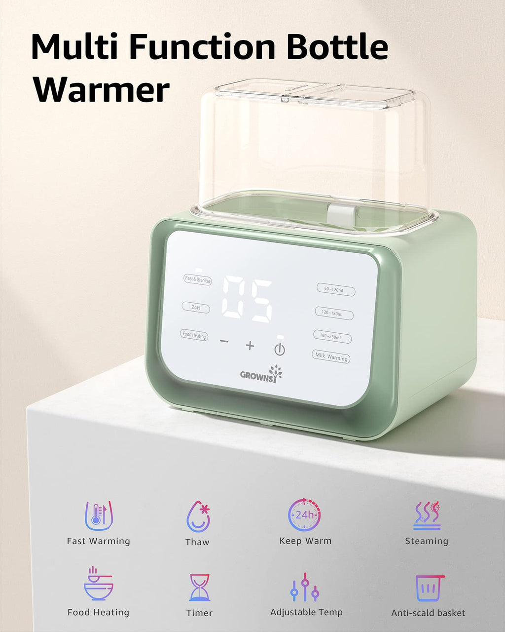 Baby Bottle Warmer, Grownsy 8-in-1 Fast Milk Warmer with Timer Breastmilk or Formula, Fits 2 Bottles, Accurate Temperature Control, with Defrost, Sterili-zing, Keep, Heat Baby Food Jars Function