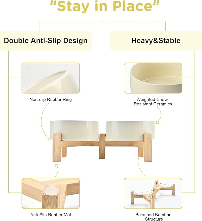 SPUNKYJUNKY Elevated Dog Bowls Ceramic, 5.1'' Dogs and Cat Food Water Bowls Raised with Non-Slip Bamboo Stand for Puppy Small Sized Breed Microwave Dishwasher Safe - 13.5 OZ,Beige