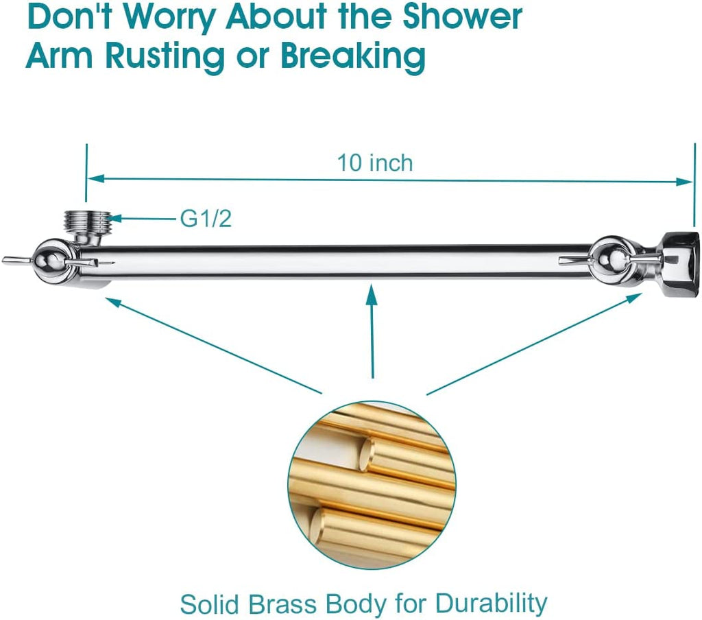 10 Inch Brass Shower Head Extension Arm, Height & Angle Adjustable