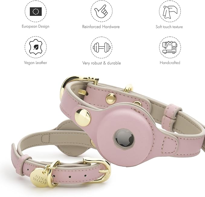 Cupertino Dog Collars, Harnesses & Leashes Made from Vegan Leather with Dog Tracker Device Holder Adjustable Dog Collar (Medium, Pink)