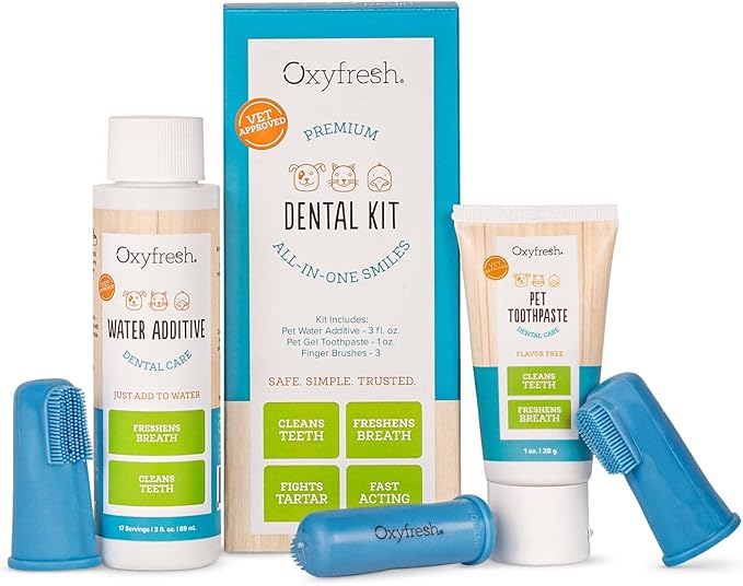 Oxyfresh Premium Pet Dental Kit for Dogs & Cats – Easy Solution for Fresh Breath, Clean Teeth, Control Plaque & Tartar – Vet Formulated Pet Toothpaste 1oz + Water Additive 3oz + 3 LG Brushes Kit