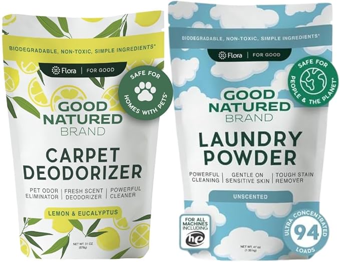 Good Natured Brand | Laundry Bundle | Carpet Freshener Lemon & Eucalyptus 31oz | Pet-Friendly Carpet Deodorizer | Laundry Powder Unscented 47oz | Hypoallergenic Laundry Powder 94 Loads