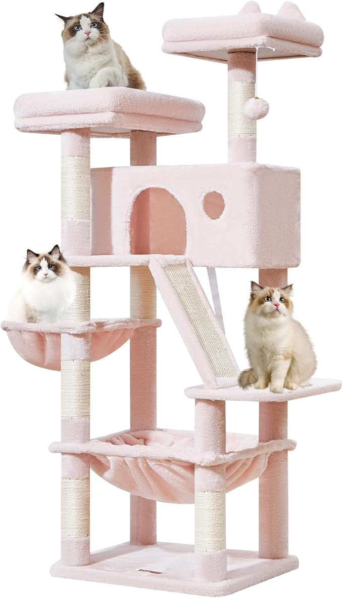Taoqimiao Cat Tree 57.5-Inch, Cat Tower for Indoor Cats Large Adult, Extra Large Cat Condo, 8 Sisal Scratching Posts, Metal Frame Cozy Hammock, Durable Scratch Board, 2 Top Perches, Jelly Pink MS026P