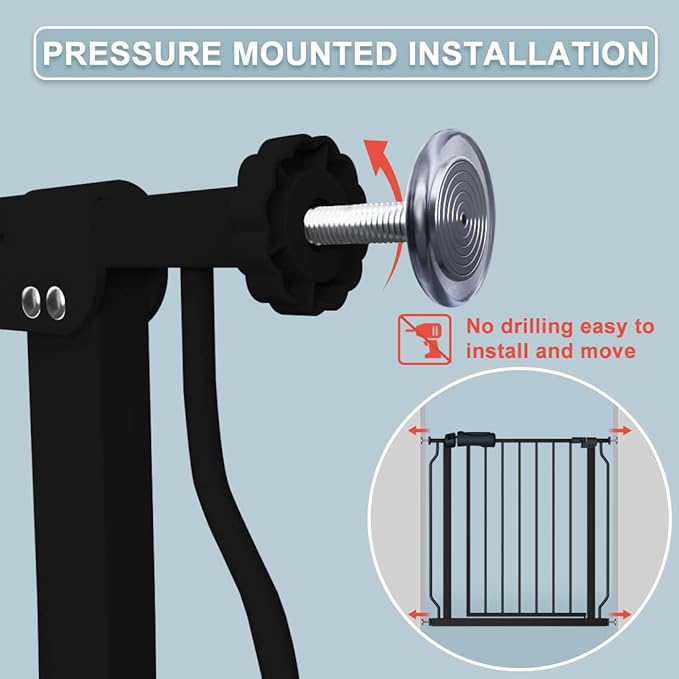 Extra Wide Baby Gate Black 34-38.5 Inch Wide Walk Through Pressure Mounted No Drill Long and Large Tension Metal Gate for Dog and Toddler