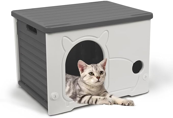Plastic Outdoor Cat House Waterproof Feral Cat Shelter(Gray)