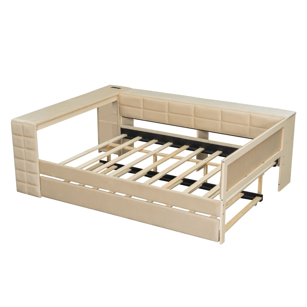 Upholstered Platform Bed With Storage Shelves, Desk, Charging Station And Trundle