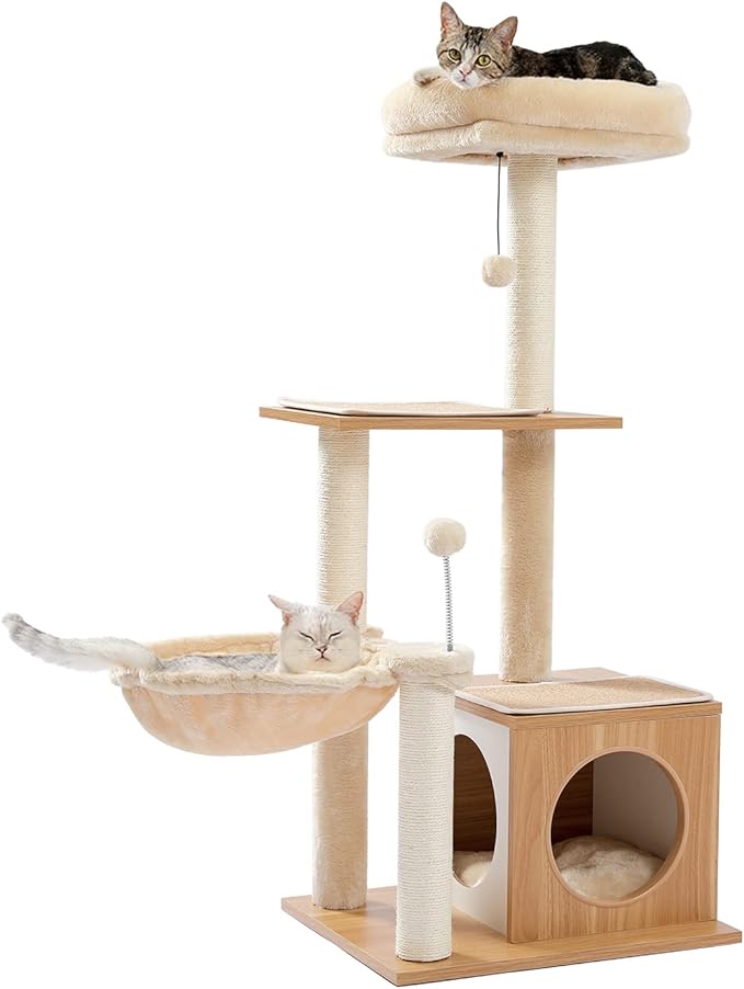 PEQULTI Cat Tree Modern Cat Tower for Indoor Cats,Multilevel Cat Play House with Large Condo, Spacious Hammock, Cozy Top Perch,Scratching Post and Dangling Balls