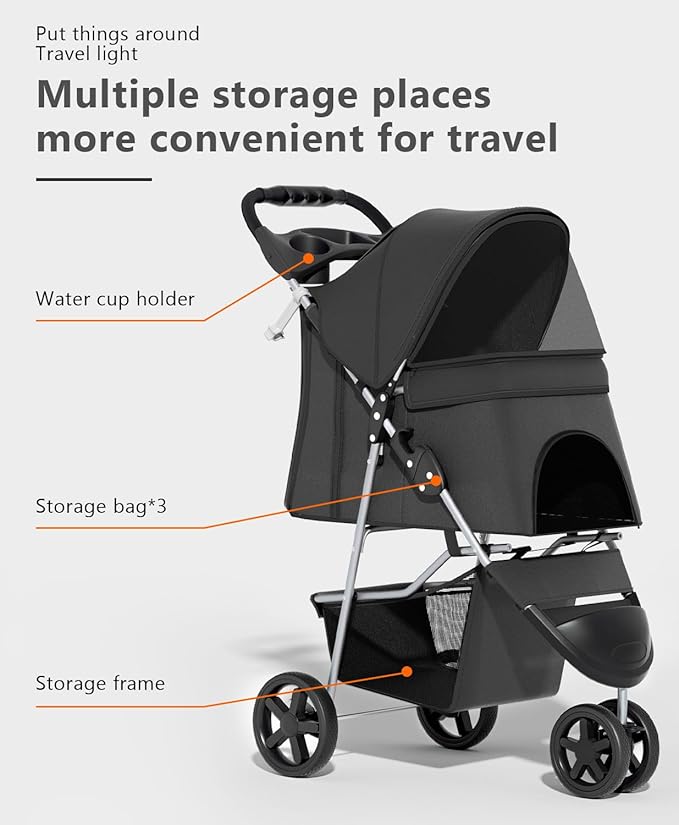 Pet Stroller with 3 Wheels for Small/Medium Pets, Portable Travel Foldable Carrier Jogger for Dog Cat Puppy Kitty, Rear Wheel Breaks, Storage Basket, Visible Mesh with Weather Cover (Black)