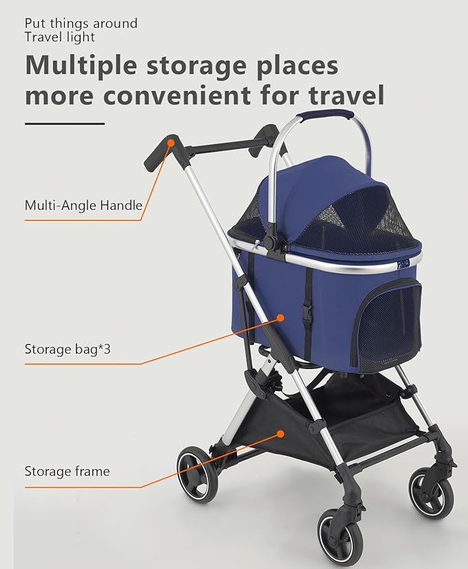 Pet Stroller with 4 Wheels for Small/Medium Pets, 3 in 1 Travel Foldable Detachable Carrier for Dog Cat Cage Jogger Stroller, Rear Wheel Breaks, Storage Basket, Car Seat (Navy Blue)