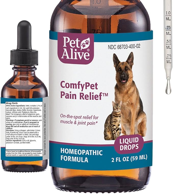 PetAlive ComfyPet Pain Relief for Dogs & Cats – Natural Homeopathic Supplement for Pet Joint & Mobility Support – 2 fl oz Drops – Made in USA