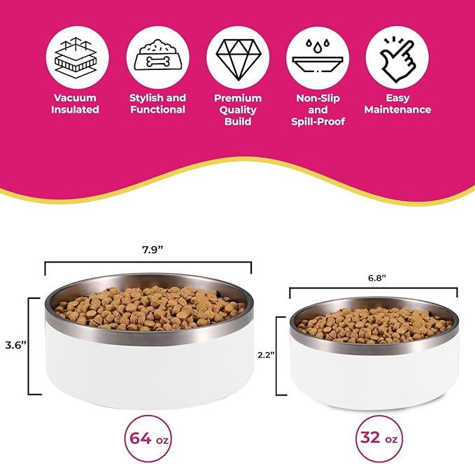 64 oz White Dog Bowl for Medium and Large Dogs, Non Slip Double Wall Vacuum Insulated Stainless Steel Dog Bowl That Keeps Water Cool (64 oz, White)