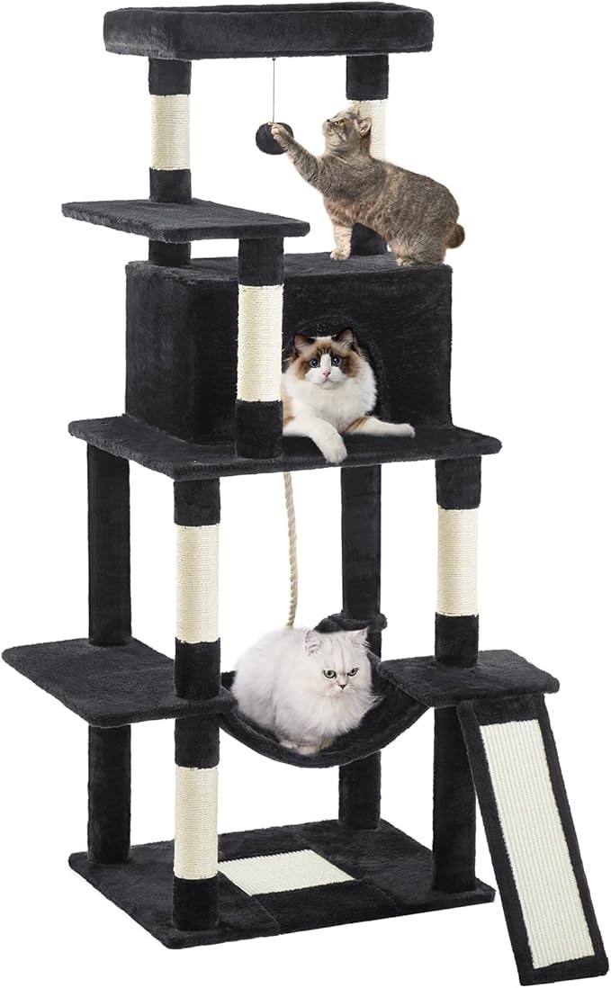 Cat Tree Tower 63in Multi-Level Cat Tower for Indoor Cats with Sisal Scratching Posts, Condo, Hammock, Dangling Ball and Extended Platform for Cats to Play, Black