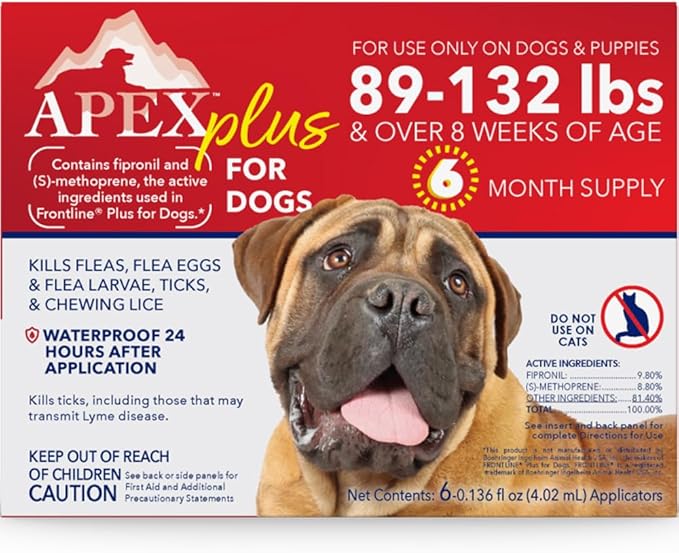 Apex Plus Flea and Tick Prevention for X-Large Dogs (89-132 lbs) | 6-Month Supply | Waterproof, 24-Hour Activation, 30-Day Protection