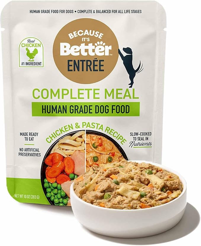 Because it's Better Entrée Complete Meal, Chicken & Pasta Recipe, Human Grade Wet Dog Food, 10 oz Pouches, 6 Count
